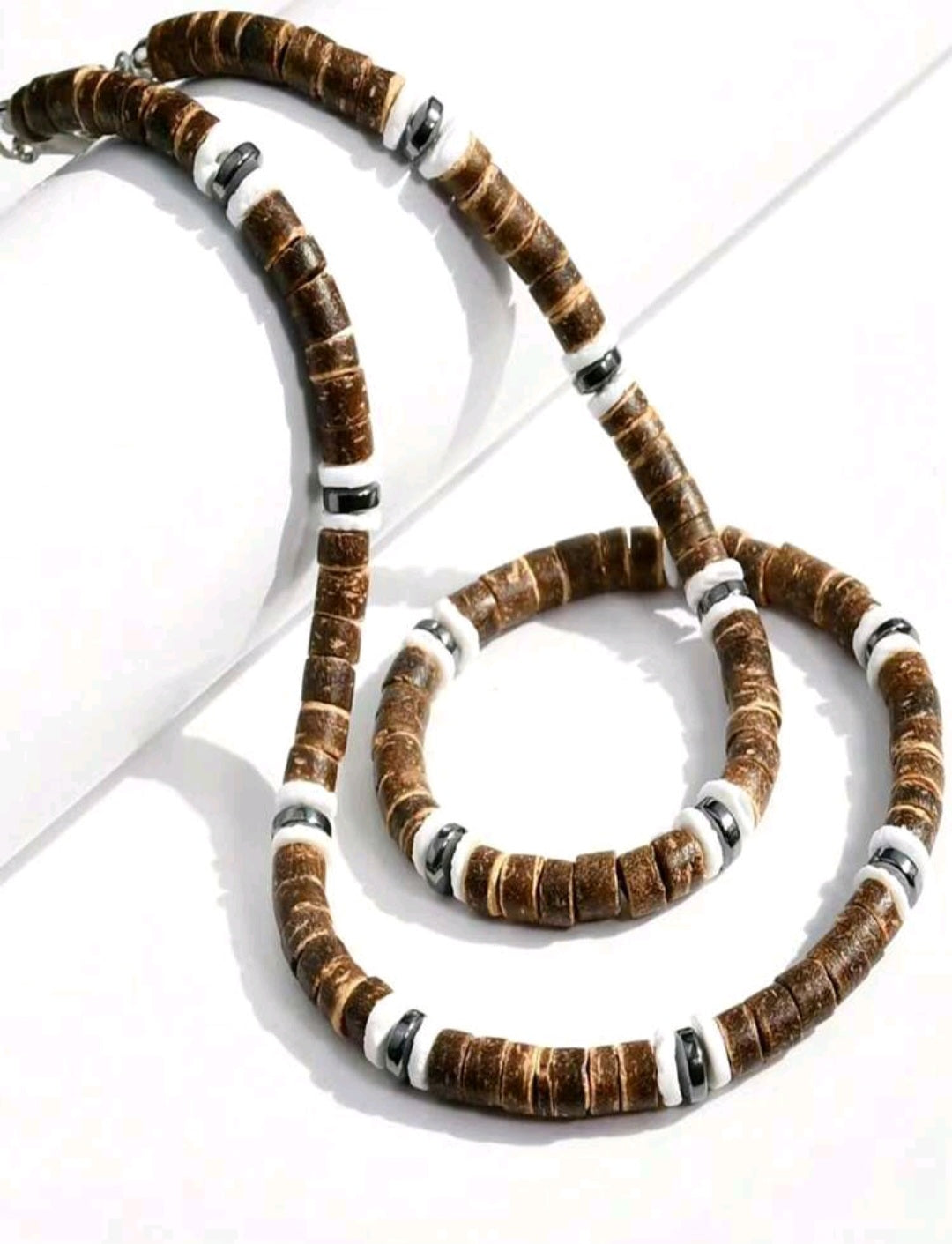 Coconut Shell and Bead Necklace Tropical Style